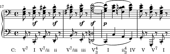 
    {# (set-global-staff-size 16) \ new PianoStaff << \ new Staff << \ new Voice \relat c {\ override DynamicLineSpanner.staff-padding = # 2.5 \ set Score.currentBarNumber = # 17 \ bar " "\ set Score.tempoHideNote = ## t \ tempo 4 = 84 \ clef bass \ key c \ major \ time 4/4 <df b> 8-.  r <p. ej. c> -. \ sf r <p. ej. cis> -.  r <fa d> -. \ sf r <fis a dis> -.  r <gb e> -. \ sf r <gb f '> 2 ~ \ sf <gb f'> 4 (\ p <gc e> <f! c 'd!> <ac f>) <gc e> 8 -.  r <fb d> -.  r <por ejemplo, c> -.  r} >> \ new Staff << \ new Voice \ related c {\ clef bass \ key c \ major \ time 4/4 g8 -._ \ markup {\ translate # '(- 5.5. 0) \ concat {{ "C: V" \ raise # 1 \ small "7" \ hspace # 2.5 "I" \ hspace # 2 "V" \ raise # 1 \ small "7" "/ ii" \ hspace # 2.2 "ii" \ hspace # 4.5 "V" \ raise # 1 \ small "7" "/ iii" \ hspace # 1.7 "iii" \ hspace # 3 "V" \ combine \ raise # 1 \ small 4 \ lower # 1 \ small 3 \ hspace # 4.5 "I" \ hspace # 6 "ii" \ combine \ raise # 1 \ small 4 \ lower # 1 \ small 3 \ hspace # 1.5 "IV" \ hspace # 3 "V" \ hspace # 3.2 "V" \ subir # 1 \ small "7" \ hspace # 2.5 "I"}}} rc, -.  r a'-.  rd, -.  r b'-.  re,-.  r <d!  d '!> 2 (c4) (c' af) g8-.  rg, -.  r c-.  r} >> >>}
