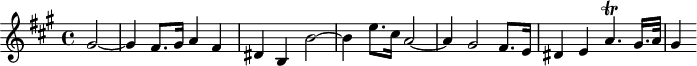 
\version "2.18.2"
\header {
  tagline = ##f
}

\score {
  \new Staff \with {

  }
<<
  \relative c'' {
    \key a \major
    \time 4/4  
    \tempo 4 = 125
    \override TupletBracket #'bracket-visibility = ##f 

     %%Mozart — Concerto 23, mvt 1, th. 2
     \partial 2 gis2~ gis4 fis8. gis16 a4 fis dis b b'2~ b4 e8. cis16 a2~ a4 gis2 fis8. e16 dis4 e a4.\trill gis16. a32 gis4

  }
>>
  \layout {
     \context { \Score \remove "Metronome_mark_engraver" }
  }
  \midi {}
}
