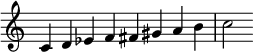  { \menimpa Skor.TimeSignature #'stensil = ##f \relatif c' { \clef treble \kunci c \utama \waktu 8/4 c4 d es f fis gis a b c2 } } 