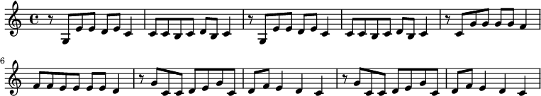 
 \new Staff \with { midiInstrument = "piano" }
  {
    \relative c' {
  \key c \major
r8 g8 e'8 e8 d8 e8 c4 c8 c8 b8 c8 d8 b8 c4
r8 g8 e'8 e8 d8 e8 c4 c8 c8 b8 c8 d8 b8 c4
r8 c8 g'8 g8 g8 g8 f4 f8  f8 e8 e8 e8 e8 d4
r8 g8 c,8 c8 d8 e8 g8 c,8 d8 f8 e4 d4 c4
r8 g'8 c,8 c8 d8 e8 g8 c,8 d8 f8 e4 d4 c4

 } }
\addlyrics { 
\lyricmode {
   
} }

  \midi {
    \context {
      \Score
      tempoWholesPerMinute = #(ly:make-moment 70 4)
    }
  }
