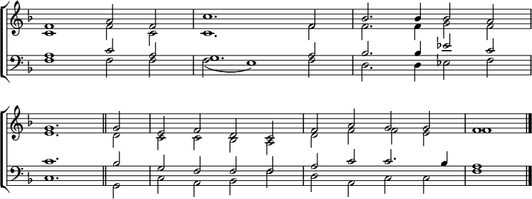 
\new ChoirStaff <<
  \new Staff { \clef treble \time 4/2 \key f \major \set Staff.midiInstrument = "church organ" \omit Staff.TimeSignature \set Score.tempoHideNote = ##t \override Score.BarNumber  #'transparent = ##t 
  \relative c'
  << { f1 a2 f | c'1. f,2 | bes2. bes4 bes2 a | \break
       g1. \bar"||" g2 | e f d c | f a g g | f1 \bar"|." } \\
  { c1 f2 c | c1. f2 | f2. f4 g2 f |
    e1. d2 | c c bes a | d f f e | f1 } >>
  } 
\new Staff { \clef bass \key f \major \set Staff.midiInstrument = "church organ" \omit Staff.TimeSignature \override Staff.NoteHead.style = #'altdefault
  \relative c'
  << { a1 c2 a | g1. a2 | bes2. bes4 es2 c |
       c1. bes2 | g f f f | a c c2. bes4 | a1 } \\
  { f1 f2 f | f( e1) f2 | d2. d4 es2 f |
    c1. g2 | c a bes f' | d a c c | f1 } >>
  } 
>>
\layout { indent = #0 }
\midi { \tempo 2 = 60 }
