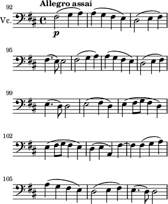{\set Staff.instrumentName=#"Vc."\set Staff.midiInstrument=#"cello"\set Score.currentBarNumber=#92 \time 4/4\key d \major\clef bass \tempo "Allegro assai"2=60\set Score.tempoHideNote=##t\bar""fis2\p(g4a)a(g fis e)d2(e4fis)fis4.(e8)e2fis(g4a)a(g fis e)d2(e4fis)e4.(d8)d2e(fis4d)e(fis8g fis4d)e(fis8g fis4e)d(e a,)fis~fis fis(g a)a(g fis e)d2(e4fis)e4.(d8)d2}