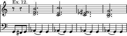 { << \new Staff { \override Score.TimeSignature #'stencil = ##f \override Score.Rest #'style = #'classical \time 3/4 \partial 4. \relative b' { r8^"Ex. 12." r4 | <b f d>2. <c e, c> <fis, ees c> <g d b> } }
\new Staff { \clef bass \relative g, { g8 fis g | \repeat unfold 4 { aes4( g) g } } } >> }