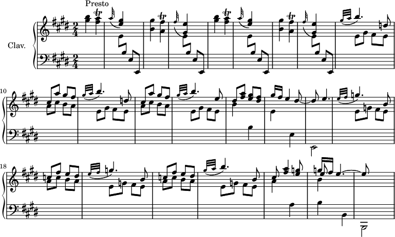 
\version "2.18.2"
\header { 
  tagline = ##f
  % composer = "Domenico Scarlatti"
  % opus = "K. 20"
  % meter = "Presto"
}

%% les petites notes
trillFisAccord = { \tag #'print { << { \stemDown fis'4\trill } \\ { a,4 } >> } \tag #'midi { << { gis'32 fis gis fis~ fis8 } \\ { a,4 } >> } }
trillAAccord   = { \tag #'print { < fis a >4\trill } \tag #'midi { << { b32 a b a~ a8 } \\ { fis4 } >> } }

upper = \relative c'' {
  \clef treble 
  \key e \major
  \time 2/4
  \tempo 4 = 132
  \set Staff.midiInstrument = #"harpsichord"
  \override TupletBracket.bracket-visibility = ##f

      s8*0^\markup{Presto}
      \repeat unfold 2 { < gis' b >4 \trillAAccord | \appoggiatura a32 \stemUp < e gis >4 s4 \stemNeutral | < b gis' >4 \trillFisAccord | \appoggiatura fis'32 \stemUp < gis, e' >4 s4  \stemNeutral } |
      % ms. 9
      \repeat unfold 2 { \grace {   \tempo 4 = 45 gis'32( a } \stemUp \tempo 4 = 132 b4.) d,8  | cis a' gis fis } | \grace {   \tempo 4 = 45 gis32( a } \stemUp \tempo 4 = 132 b4.) e,8  | dis < fis a > < e gis > < dis fis > |
      % ms. 15
      gis16 fis e4 dis8~ | dis e4. | \repeat unfold 2 { \grace {   \tempo 4 = 45 e32( fis } \stemUp \tempo 4 = 132 g4.) b,8  | c fis e dis } | \grace {   \tempo 4 = 45 gis32( a } \stemUp \tempo 4 = 132 b4.) b,8  |
      % ms. 22
      cis8 < fis a >4 < e g >8 << { g16 fis e4.~ | e8 } \\ { \shiftOn \stemUp e8 } \\ { \stemDown b4 } >>
      % ms. 29


}

lower = \relative c' {
  \clef bass
  \key e \major
  \time 2/4
  \set Staff.midiInstrument = #"harpsichord"
  \override TupletBracket.bracket-visibility = ##f

    % ************************************** \appoggiatura a8  \repeat unfold 2 {  } \times 2/3 { }   \omit TupletNumber 
      \repeat unfold 4 { s2 |  \stemDown \change Staff = "upper" e8 \stemUp \change Staff = "lower" b e, e, } | 
      % ms. 9
      \repeat unfold 2 { \stemDown \change Staff = "upper"  e''8 gis fis e | a cis b a  } | e8 gis fis e | b'4 \change Staff = "lower" b, \stemDown \change Staff = "upper" |
      % ms. 15
      e4  \change Staff = "lower" e, | e,2 | \repeat unfold 2 { \stemDown \change Staff = "upper"  e''8 g fis e | a c b a  } | e8 g fis e |
      % ms. 22
      a4  \stemNeutral \change Staff = "lower"  a, | b b, | b,2 |
      % ms. 29
      

}

thePianoStaff = \new PianoStaff <<
    \set PianoStaff.instrumentName = #"Clav."
    \new Staff = "upper" \upper
    \new Staff = "lower" \lower
  >>

\score {
  \keepWithTag #'print \thePianoStaff
  \layout {
      #(layout-set-staff-size 17)
    \context {
      \Score
     \override SpacingSpanner.common-shortest-duration = #(ly:make-moment 1/2)
      \remove "Metronome_mark_engraver"
    }
  }
}

\score {
  \keepWithTag #'midi \thePianoStaff
  \midi { }
}
