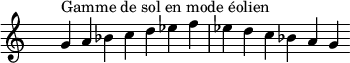 
\relative c'' { 
 \clef treble \time 7/4 \hide Staff.TimeSignature g4^\markup { Gamme de sol en mode éolien } a bes c d ees f ees d c bes a g
}
