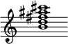 {
  % Rivin lopun pystyviiva ja tahtiosoitus piiloon.
  \override Score.BarLine.break-visibility = ##(#f #t #t)
  \override Staff.TimeSignature #'stencil = ##f
  
  <b' d'' fis'' ais'' cis'''>1
}
