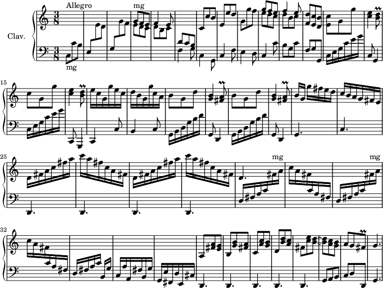 
\version "2.18.2"
\header {
  tagline = ##f
  % composer = "Domenico Scarlatti"
  % opus = "K. 465"
  % meter = "Allegro"
}

%% les petites notes
trillFisAq     = { \tag #'print { < fis a\prall >8 } \tag #'midi { << { fis8 } \\ { b32 a b a } >> } }
trillBDq       = { \tag #'print { < b d\prall >8 } \tag #'midi { << { b8 } \\ { e32 d e d } >> } }
trillFisq      = { \tag #'print { fis8\prall } \tag #'midi { g32 fis g fis } }

upper = \relative c'' {
  \clef treble 
  \key c \major
  \time 3/8
  \tempo 4. = 68
  \set Staff.midiInstrument = #"harpsichord"
  \override TupletBracket.bracket-visibility = ##f

      s8*0^\markup{Allegro}
      s4.*6 | c,8 c' b | e, e' d | 
      % ms. 9
      g,8 g' f | << { g8 f e | f4 e8 } \\ { e8 d c | d b c } >> < f, d' >8 < e c' > < d b' > | < e c' > g g' | < c, e >4 \trillBDq | c8 g g' | < c, e >4 \trillBDq |
      % ms. 17
      e16 c g g' e c | d b g g' c, a | \repeat unfold 2 { b8 g d' | < g, b >4 \trillFisAq } | b16[ g] g' fis e d |
      % ms. 24
      c16 b a g fis e | \repeat unfold 2 { d fis a c fis a | c a fis c a fis } | d4. |
      % ms. 30 -> 36
      s4.*6 | a8 < fis' a > < e g > | b < g' b > < fis a > | c < a' c > < g b > | d < b' d > < a c > | fis < c' e > < b d >~ | q < a c > < g b > | a g \trillFisq | g4. | 

}

lower = \relative c' {
  \clef bass
  \key c \major
  \time 3/8
  \set Staff.midiInstrument = #"harpsichord"
  \override TupletBracket.bracket-visibility = ##f

    % ************************************** \appoggiatura a8  \repeat unfold 2 {  } \times 2/3 { }   \omit TupletNumber 
      c,8-\markup{mg} c' b | e, \stemDown \change Staff = "upper" e' d | \stemUp \change Staff = "lower" g, \stemDown \change Staff = "upper" g' f | 
      << { g8-\markup{mg} f e | f4 e8 }
      \\ { e d c | d b c } >> \change Staff = "lower" << { d8 c b } \\ { f4 g8 } >> | c,4 g8 | \stemNeutral \change Staff = "lower" c4 f8 |
      % ms. 9
      e4 d8 | c4 c'8 | b g c | f, g g, | c16 e g c e g | c,,8 g4 | c16 e g | c16 e g | c,,,8 g4 |
      % ms. 17
      c4 c'8 | b4 c8 | \repeat unfold 2 { g16 b d g b d | g,,8 d4 } | g4. |
      % ms. 24
      c4. | \repeat unfold 4 { d,4. } | \repeat unfold 2 { d'16 fis a c \stemDown \change Staff = "upper"  fis^\markup{mg} a 
      % ms. 30
      c16 a fis \stemUp \change Staff = "lower" c a fis } | d16 fis a c b,[ g'] | c, a' a, fis' b, g' | g, e' fis, d' e, cis' |
      % ms. 36
      \repeat unfold 5 { d,4. } | g8 a b | c d d, | g4. |

}

thePianoStaff = \new PianoStaff <<
    \set PianoStaff.instrumentName = #"Clav."
    \new Staff = "upper" \upper
    \new Staff = "lower" \lower
  >>

\score {
  \keepWithTag #'print \thePianoStaff
  \layout {
      #(layout-set-staff-size 17)
    \context {
      \Score
     \override SpacingSpanner.common-shortest-duration = #(ly:make-moment 1/2)
      \remove "Metronome_mark_engraver"
    }
  }
}

\score {
  \keepWithTag #'midi \thePianoStaff
  \midi { }
}
