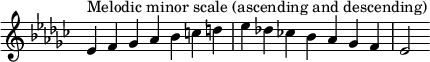  {\n\\omit Score.TimeSignature \\relative c' {\n  \\key es \\minor \\time 7/4 es^"Melodic minor scale (ascending and descending)" f ges aes bes c d es des! ces! bes aes ges f es2\n} }\n