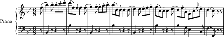 
\version "2.18.2"
\header {
 tagline = ##f
}
upper = \relative c'' {
 \clef treble
 \key bes \major
 \time 6/8
 \tempo 4 = 150
 \tempo "Allegro"
 \set Staff.midiInstrument = #"piano"

 \partial8 f8
 (bes4) bes8-. bes-. c-. d-.
 d (f,) f-! f4 f8
 (g4) g8-. g-. a-. bes-.
 bes (d,) d-! d4 d8
 (ees4) ees8 ees-. f-. g-.
 g (c,) c-! c4 ees8
 (d) f-. bes,-. g-. c-. \grace f16 (ees8-.)
 d4. (c8) r8 r
}

lower = \relative c {
 \clef bass
 \key bes \major
 \time 6/8
 \set Staff.midiInstrument = #"piano"

 \partial8 r8 
 bes4 r8 r4 r8
 bes'4 r8 r4 r8
 bes,4 r8 r4 r8
 bes'4 r8 r4 r8
 bes,4 r8 r4 r8
 bes'4 r8 r4 r8
 bes4 g8 ees4 c8
 f4. (f,8) r r
 }

\score {
 \new PianoStaff <<
 \set PianoStaff.instrumentName = #"Piano"
 \new Staff = "upper" \upper
 \new Staff = "lower" \lower
 >>
 \layout {
 \context {
 \Score
 \remove "Metronome_mark_engraver"
 }
 }
 \midi { }
}
