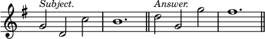 { \override Score.TimeSignature #'stencil = ##f \time 3/2 \key g \major \relative g' { g2^\markup { \smaller \italic Subject. } d c' b1. \bar "||" d2^\markup { \smaller \italic Answer. } g, g' fis1. \bar "||" } }