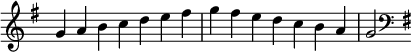   { \override Score.TimeSignature #'stencil = ##f \relative c'' { \clef diskant \key g \major \time 7/4 g4 abcde fis g fis edcba g2 \clef bas \key g \major } }
