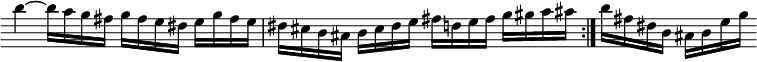 { \relative b'' { \override Score.BarNumber #'break-visibility = #'#(#f #f #f) \override Score.TimeSignature #'stencil = ##f \override Score.Clef #'stencil = ##f 
  \repeat volta 2 { b4 ~ b16 a g fis g fis e dis e g fis e |
  dis cis b ais b cis dis e fis d e fis g gis a ais }
  b fis dis b ais b e g } }