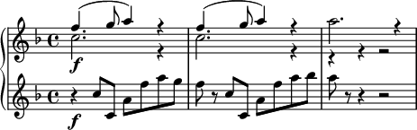 
{
  \new PianoStaff <<
    \new Staff \relative e'' {
      \set Staff.midiInstrument = #"piano" \key f \major \clef treble \time 4/4 \set Score.tempoHideNote = ##t \tempo 4 = 120
      <<
        {
          \voiceOne \stemDown c2. \f r4 | % 2
          c2. r4 | % 3
          a'2. r4
        }
        \new Voice {
          \voiceTwo \stemUp f4. ^( g8 a4 ) r4 | % 2
          f4. ^( g8 a4 ) r4 | % 3
          r4 r4 r2
        }
      >> \oneVoice
    }
    \new Staff \relative c'' {
      \set Staff.midiInstrument = #"piano" \key f \major \clef treble \time 4/4
      r4 \f c8 c,8 a'8 f'8 a8 g8 | % 2
      f8 r8 c8 c,8 a'8 f'8 a8 bes8 | % 3
      a8 r8 r4 r2
    }
  >>
}
