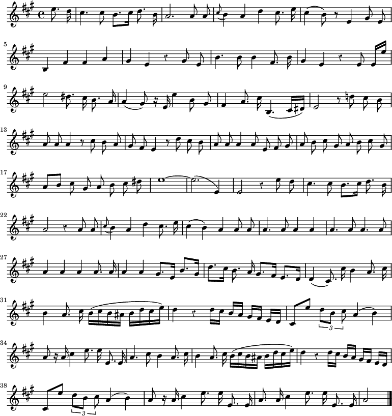 
\relative c'' {
  \override Rest #'style = #'classical
  \key a \major
  \time 4/4
  \partial 4
  \autoBeamOff
  e8. d16
  cis4. cis8b8.[ cis16] d8. b16
  a2. a8 a
  \appoggiatura cis8 b4 a d cis8. e16
  cis4( b8) r e,4 gis8 e
  b4 fis' fis a
  gis e r gis8 e

  b'4. b8 b4 fis8. b16
  gis4 e r e8 e16[ e']
  e2 dis8. cis16 b8. a16
  a4( gis8) r16 e e'4 b8 gis
  fis4 a8. cis16 b,4.( cis16[ dis])
  e2 r8 d'!8 cis b

  a a a4 r8 cis b a
  gis8 fis e4 r8 d'8 cis b
  a a a4 a8 e fis gis
  a b cis gis a b cis gis
  a[ b] cis gis a b cis dis

  e1~
  e2.( e,4)
  e2 r4 e'8 d
  cis4. cis8 b8.[ cis16] d8. b16
  a2 r4 a8 a
  \appoggiatura cis8 b4 a d cis8. e16
  cis4( b) a a8 a
  a4. a8 a4 a
  a4. a8 a4. a8

  a4 a a a8. a16
  a4 a gis8.[ e16] b'8.[gis16]
  d'8.[ cis16] b8. a16 gis8.[ fis16] e8.[ d16]
  d4( cis8.) cis'16 b4 a8. cis16
  b4 a8. cis16 b[( cis b ais] b[ d cis e])

  d4 r4 d16[ cis] b[ a] gis[ fis] e[ d]
  cis8[ e'] \times 2/3 { d[ b] cis } a4( b)
  a8 r16 a cis4 e8. e16 e,8. e16
  a4. cis8 b4 a8. cis16
  b4 a8. cis16 b[( cis b ais] b[ d cis e])

  d4 r4 d16[ cis] b[ a] gis[ fis] e[ d]
  cis8[ e'] \times 2/3 { d[ b] cis } a4( b)
  a8 r16 a cis4 e8. e16 e,8. e16
  a8. a16 cis4 e8. e16 e,8. e16
  a2
  \bar "|."
}
