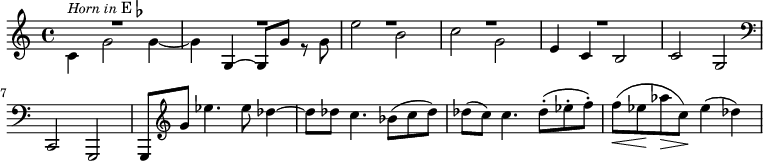 { \time 4/4 \relative g { << { R1*5} \\ { c4^\markup { \smaller \italic "Horn in" E\flat }  g'2 g4 ~ g s2 r8 g e'2 b c g } \\ { s1 s4 g, ~ g8 g' s4 s1 s e4 c b2 } >> c g \clef bass c,, g g8 \clef treble g''' ees'4. ees8 des4 ~ des8 des c4. bes8( c des) | des( c) c4. des8-.( ees-. f-.) f\<( ees\! aes\> c,\!) ees4( des) } }