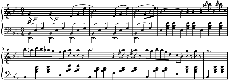  \relative c' {  \new PianoStaff <<   \new Staff { \key c \minor \time 3/4        g'( bes,2) | g'4( bes,2) | ees4( g ees' | bes2.) | ees,4( g ees') | bes4.( g8 bes ees) | bes2.~ |\set Score.tempoHideNote = ##t \tempo "" 2. = 48 bes4 r r  r \slashedGrace a'8( bes) r \slashedGrace a( bes) r bes8 a c bes aes g f[ g] aes r aes r aes2. r4 \slashedGrace d,8( aes') r \slashedGrace d,( aes') r aes8 g bes aes f d c-.[ bes-.] g' r g r g2.      }   \new Dynamics {    s\p      }   \new Staff { \key c \minor \time 3/4 \clef bass    <<      { bes,,,4( ees g) bes,( ees g) bes,( ees g) bes,( ees g) bes,( ees g) bes,( ees g)}    \\      { ees,2. ees ees ees ees ees }    >>{ ees'4 <g bes ees> <g bes ees> ees <g bes ees> <g bes ees> ees <g bes ees> <g bes ees> bes, <g' bes ees> <g bes ees> d <aes' bes f'> <aes bes f'> bes, <aes' bes d> <aes bes d> f <aes bes d> <aes bes d> bes, <aes' bes d> <aes bes d> ees <g bes ees> <g bes ees> bes, <g' bes ees> <g bes ees> }      }  >> }