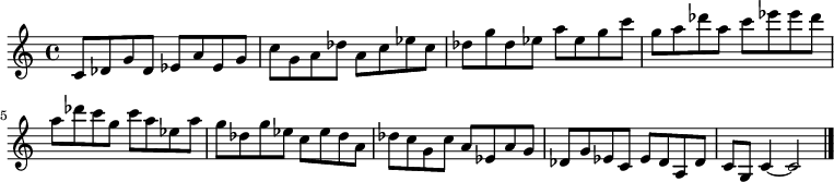 
{

\modalTranspose c c' { c des ees g a } { c8 des g } 
\modalTranspose c des' { c des ees g a } { c des g } 
\modalTranspose c ees' { c des ees g a } { c des g } 
\modalTranspose c g' { c des ees g a } { c des g } 
\modalTranspose c a' { c des ees g a } { c des g } 
\modalTranspose c c'' { c des ees g a } { c des g } 
\modalTranspose c des'' { c des ees g a } { c des g } 
\modalTranspose c ees'' { c des ees g a } { c des g } 
\modalTranspose c g'' { c des ees g a } { c des g } 
\modalTranspose c a'' { c des ees g a } { c des g } 

\modalInversion c ees''' { c des ees g a } { c des g } 
\modalInversion c des''' { c des ees g a } { c des g } 
\modalInversion c c''' { c des ees g a } { c des g } 
\modalInversion c a'' { c des ees g a } { c des g } 
\modalInversion c g'' { c des ees g a } { c des g } 
\modalInversion c ees'' { c des ees g a } { c des g } 
\modalInversion c des'' { c des ees g a } { c des g } 
\modalInversion c c'' { c des ees g a } { c des g } 
\modalInversion c a' { c des ees g a } { c des g } 
\modalInversion c g' { c des ees g a } { c des g } 
\modalInversion c ees' { c des ees g a } { c des g } 
\modalInversion c des' { c des ees g a } { c des g } 

c'4~ c'2

\bar "|."
}
