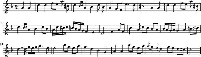 
\relative c'' {
  \key d \minor
  \override Staff.TimeSignature #'style = #'single-digit
  \time 2/2
  \partial 2
  \autoBeamOff
  a a
  d d f8[ e] a cis,
  d4 \grace { c16[ d] } a4 bes d8 bes
  a4 g8[ f] e'4. d8
  cis2 a4 a
  d d f8[ e] a cis,

  d4 \grace { c16[ d] } a4 bes d8[ bes]
  a16[ d cis d] c[ bes a g] f4 e
  d2 f4 a8[ f]
  c'4. a8 d[ c] bes[ a]
  bes16[ a g a] g4 a b8[ cis]

  d4~ d16 f[ e f] g4. e8
  e2 a8[ f] e[ g]
  f4 d bes g
  a a a'8[ f] e[ g]
  \appoggiatura g f4 \appoggiatura e8 d4 f8[ e] d[ cis]
  d2
  \bar "|."
}
