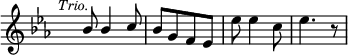 
\relative c'' {
\clef treble
\once \override Staff.TimeSignature #'transparent = ##t 
\key es \major
\time 2/4
\tempo \markup { \italic \medium \small "Trio." }
\stemUp bes8  bes4 c8 |
bes8 [g8 f8 es8] | \stemDown es'8 es4 c8 | es4. r8
}
