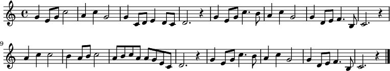  \relative c' {   \set Score.tempoHideNote = ##t   \key c \major   \time 4/4   \tempo 4 = 96   g'4 e8 g8 c2 | a4 c4 g2 | g4 c,8 d8 e4 d8 c8 | d2. r4 |   g4 e8 g8 c4. b8 | a4 c4 g2 | g4 d8 e8 f4. b,8 | c2. r4 |   a'4 c4 c2 | b4 a8 b8 c2 | a8 b8 c8 a8 a8 g8 e8 c8 | d2. r4 |   g4 e8 g8 c4. b8 | a4 c4 g2 | g4 d8 e8 f4. b,8 | c2. r4 \bar "|." } 