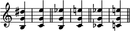 { \relative d'' { \override Score.TimeSignature #'stencil = ##f \time 1/4
 <dis g, b,> <e g, c,> \bar "||"
 <ees g, b,> <e! g, c,> \bar "||"
 <ees g, ces,> <e! g, c,!> \bar "||" } }