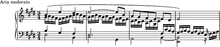 
\version "2.18.2"
\header {
  tagline = ##f
}
upper = \relative c'' {
  \clef treble 
  \key e \major
  \time 3/4
  \tempo 4 = 116
  %\autoBeamOff

   %%Cramer — Étude 41
   << { b4( e dis e2~ e8 b a gis fis e~ e[ dis] e2) s4 } \\ { gis16 a gis fis e fis gis a b cis b a gis a b a gis a fis gis e fis dis e cis dis b cis a cis gis cis } >>

}

lower = \relative c {
  \clef bass
  \key e \major
  \time 3/4

   << { b'4 gis fis e2. s2 fis16 cis' b a gis a b a gis a fis gis e } \\ { e2 b4 cis2 gis4 a2 b4~ b2 } { s2.*3 e,2 r16 } >>
   fis'16 gis a

}

  \header {
    piece = "Aria moderato"
  }

\score {
  \new PianoStaff <<
    \new Staff = "upper" \upper
    \new Staff = "lower" \lower
  >>
  \layout {
    \context {
      \Score
      \remove "Metronome_mark_engraver"
    }
  }
  \midi { }
}
