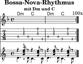
\version "2.20.0"
\header {
  title="Bossa-Nova-Rhythmus" 
  subtitle="mit Dm und C"
  encoder="CC-BY-SA Wikibooks (mjchael)"
}
myKey = {
  \key d \minor
  \tempo 4 = 120
  \set Score.tempoHideNote = ##t
  \time 4/4
  \set Staff.midiInstrument = #"acoustic guitar (nylon)"
}

myChords= {
  \chordmode { 
    d2:m c d:m c
  } 
}

myDiskant = {
  r4 <a-2 d'-4 f'-1>8 r8   | % Dm
  r4 <g c' e'>8 r8   | % C
  r4 <a d' f'>8 r8   | % Dm
  r4 <g c' e'>8 r8   | % C
  \mark "100x"
}

myBass = {  
  d4. 8 c4. 8     | % Dm C
  d4. 8 c4. 8     | % Dm C
}
% Layout
\score {
  <<
    \new ChordNames { \myChords }
    {
      \myKey
      \new Staff  <<
       \clef "G_8"
       \mergeDifferentlyHeadedOn
       \myDiskant \\ \myBass
      >>
    }

    \new TabStaff {
     \repeat volta 4
      <<
       
        \myDiskant \\ \myBass
      >>
    }
  >>
  \layout {}
}
% Midi
\score {
  <<
    \unfoldRepeats {
      \new Staff  <<
       \myKey
        \clef "G_8" 
        \repeat volta 20 \myDiskant 
         \\
         \repeat volta 20 \myBass 
      >>
    }
  >>
  \midi {}
}
\paper {
  indent=0\mm
  line-width=80\mm
  oddFooterMarkup=##f
  oddHeaderMarkup=##f
  scoreTitleMarkup=##f
}
