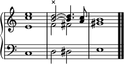 \new PianoStaff << \new Staff \relative { \time 4/4 \override Score.TimeSignature #'stencil = ##f <e' c' e>1 << { <b' d>2^"×" ~ <b d>4. <a c>8 } \\ { f2 fis } >> <gis b>1 \bar ".." } \new Staff { \clef bass c d2 dis e1 } >>