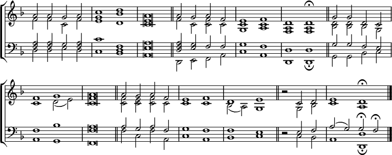 
\new ChoirStaff <<  
  \new Staff \with {\consists "Merge_rests_engraver"} { \clef treble \time 4/2 \key d \minor \set Staff.midiInstrument = "church organ" \omit Staff.TimeSignature \set Score.tempoHideNote = ##t \override Score.BarNumber  #'transparent = ##t \override Staff.NoteHead.style = #'altdefault
  \relative c''
  << { a2 a g a | c1 d | a \breve \bar"||"
       a2 g a f | e1 f | d d \fermata \bar"||"
       g2 g d c \break f1 g | a \breve \bar"||"
       a2 g a f | e1 f | d e \bar"||"
       \time 3/2 r2 c d | \time 4/2 e1 d \fermata \bar"|." } \\
  { f2 f c f | <e g>1 <d bes'> | <c e> \breve
    f2 c <c f> c | <g c>1 <a c> | <f a> <f a>
    <bes d>2 2 bes g | c1 d2( e) | <c f> \breve
    <c f>2 <c e> <c f> c | c1 c | bes2( a) g1
    r2 g bes | c1 a } >>
  } 
\new Staff \with {\consists "Merge_rests_engraver"} { \clef bass \key d \minor \set Staff.midiInstrument = "church organ" \omit Staff.TimeSignature  \override Staff.NoteHead.style = #'altdefault
  \relative c
  << { <f a>2 2 g <f a> | c'1 <f, d> | <e a> \breve 
       <d f a>2 <e g> f f | g1 f | d d 
       g2 g f e | f1 bes | <f a> \breve
       a2 g a f | g1 f | f e
       r2 e f | a( g) g \fermata f \fermata } \\
  { d2 d e d | c1 bes | a \breve
    d,2 e f a | c1 a | d, d \fermata
    g2 g bes c | a1 g | f \breve
    f'2 c f a, | c1 a | bes c
    r2 c bes | a1 <d, d'> \fermata } >>
  } 
>>
\layout { indent = #0 }
\midi { \tempo 2 = 69 }
