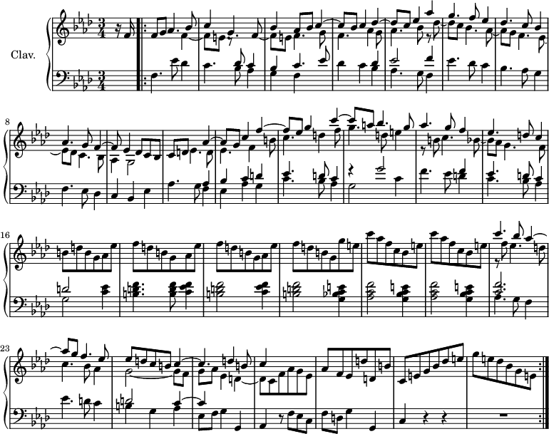 
\version "2.18.2"
\header {
  tagline = ##f
}

%% les petites notes
trillBesp = { \tag #'print { bes4.\prall } \tag #'midi { c32 bes c bes~ bes4 } }

upper = \relative c'' {
  \clef treble 
  \key f \minor
  \time 3/4
  \tempo 4 = 72
  \set Staff.midiInstrument = #"harpsichord"
  \override TupletBracket.bracket-visibility = ##f

      % s8*0^\markup{Allegro}
      \partial 8
      r16 f,16 \repeat volta 2 { f8 g 
      << { s1 s4 | bes4 aes8 bes c4~ c8 bes c4 des~ | des8 c ees4 aes | g4. f8 ees4 | des4. c8 bes4 | aes4. g8 f4~ | f8 ees4 des8 c bes } 
      \\ { \stemUp aes'4. bes8 c4 g4. f8~ | \stemDown f8 e f4. g8 | f4. aes4 g8 | aes4. bes8 r8 des8~ | des c bes4. aes8~ | aes g f4. ees8~ | ees des c4. bes8 | aes4  g2 } 
      \\ { s4 \stemDown f'4_~ | f8 e d8\rest } >> 
      % ms. 10
      c8 d 
      << { s4 aes'4~ | aes8 g c4 f~ | f8 ees g4 c4~ | c8 a bes4. g8 | aes4. g8 f4 | ees4. d8 c4 } 
      \\ { ees,4. d8 | ees4. f4 b8 | c4. d4 f8 g4. d8 e4 | r8 b8 c4. bes8~ | bes aes g4. f8 } >>
      % ms. 16
      b8 d b g aes ees' | \repeat unfold 2 { f8 d b g aes ees' } | f8 d b g g' e |
      % ms. 20
      \repeat unfold 2 { c'8 aes f c bes e } | 
      << { c'4. bes8 aes4~ | aes8 g f4. ees8 | ees d c b c4~ | c4. d4 b8 | c4 } 
      \\ { r8 f8 ees4. d8 | c4. bes8 aes4 | g2~ g8 f | g aes ees4 d~ | d8 c f aes g ees } >>
      % ms. 27
      aes8 f ees d' d, b' | c, e g bes des e | g e des bes g e
      } % Volta

}

lower = \relative c' {
  \clef bass
  \key f \minor
  \time 3/4
  \set Staff.midiInstrument = #"harpsichord"
  \override TupletBracket.bracket-visibility = ##f

    % **************************************
      s8 | f,4. ees'8 des4 | c4. << { des8 c4 | bes c4. ees8 | s2 des4 } \\ { bes8 aes4 | g f s4 | des' c bes4 } >>
      % ms. 5
      << { ees2 f4 } \\ { aes,4. g8 f4 } >>
      % ms. 6
      ees'4. des8 c4 | bes4. aes8 g4 | f4. ees8 des4 | c4 bes ees |
      % ms. 10
      aes4. g8 << { aes4 | bes c d | ees4. d8 c4 | r4 g'2 s2 | f4 | ees4. d8 c4 | d2 } 
      \\ { f,4 ees aes g | c4. bes8 aes4 | g2 c4 | f4. ees8 d4 | c4. bes8 aes4 | g2 } >> < c ees >4 |
      % ms. 17
      < b d f >4. q8 \repeat unfold 2 { < c ees f >4 | < b d f >2 } < g bes c e >4 |
      % ms. 20
      \repeat unfold 2 { < aes c f >2 < g bes c e >4 } | << { < c f >2. s2. | d2 c4~ | c } 
      \\ { aes4. g8 f4 | ees'4. d8 c4 | b4 g aes | ees8[ f] } >> g4 g, |
      % ms. 26
      aes4 r8 f'8 ees c | f d g4 g, | c4 r4 r4 | R2. 

}

thePianoStaff = \new PianoStaff <<
    \set PianoStaff.instrumentName = #"Clav."
    \new Staff = "upper" \upper
    \new Staff = "lower" \lower
  >>

\score {
  \keepWithTag #'print \thePianoStaff
  \layout {
      #(layout-set-staff-size 17)
    \context {
      \Score
     \override SpacingSpanner.common-shortest-duration = #(ly:make-moment 1/2)
      \remove "Metronome_mark_engraver"
    }
  }
}

\score {
  \keepWithTag #'midi \thePianoStaff
  \midi { }
}
