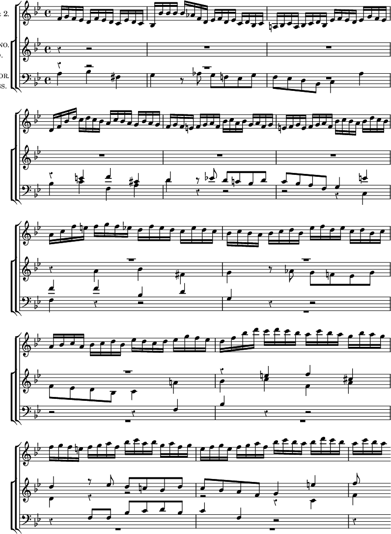 \new ChoirStaff << 
  \new Staff \with { instrumentName = \markup { \caps "Violini" 1 & 2. } }
   \relative f' { \key g \minor \time 4/4 \override Score.Rest #'style = #'classical \override Score.BarNumber #'break-visibility = #'#(#f #f #f) \partial 2.
    f16 g f ees d f ees d c ees d c | bes bes' bes bes bes aes f d ees f d ees c d bes c %eol
    a! bes c a bes c d bes ees f ees d ees g f ees |
    d f bes d c d c bes a c bes a g bes a g %eop
    f g f e f g a f bes c a bes g a f g | e f g e f g a f bes c bes a bes d c bes | %eol1
    a c f e f g f ees d f ees d c ees d c | bes c bes a bes c d bes ees f d ees c d bes c %eol2
    a bes c a bes c d bes ees d c d ees g f ees | d f bes d c d c bes a c bes a g bes a g %eol3
    f g f e f g a f bes c a bes g a f g | ees f g ees f g a f bes c bes a bes d c bes |
    a c bes a
}
  \new ChoirStaff <<
   \new Staff \with { instrumentName = \markup { \center-column { \caps "Soprano." \caps "Alto." } } }
   <<
    \new Voice \relative e'' { \key g \minor \stemUp
     r4 r2 | R1*3 %eop
     R1 R | \override MultiMeasureRest.staff-position = #4 R R %eol2
     R \revert MultiMeasureRest.staff-position r4 e f cis | %eol3
     d4 g8\rest ees d c! bes d | c bes a f g4 e' | f8 s
}
    \new Voice \relative a' { \stemDown
     s4 s2 | s1 s s %eop
     s s | r4 a bes fis | g r8 aes g f! ees g %eol2
     f ees d bes c4 a'! | bes c f, a | %eol3
     d, e\rest r2 | r r4 c | f
   } >>
   
   \new Staff \with { instrumentName = \markup { \center-column { \caps "Tenor." \caps "Bass." } } } 
   <<
    \new Voice \relative e' { \key g \minor \stemUp \clef bass
     r4 r2 | \once \override MultiMeasureRest.staff-position = #6 R1 R | r4 e f cis | %eop
     d d8\rest ees! d c! bes d | c bes a f g4 e' | f f bes, d | g, r r2 %eol2
     r2 r4 f | bes r r2 | r4 f8 f bes c d bes | c4 f, r2 | r4
}
    \new Voice \relative a { \stemDown
     a4 bes fis | g r8 aes g f! ees g | f ees d bes c4 a' | bes c f, a %eop
     d r r2 | r r4 c, | f r r2 | \override MultiMeasureRest.staff-position = #-6 R1 %eol2
     R1*4
}
    >>
  >>
>>