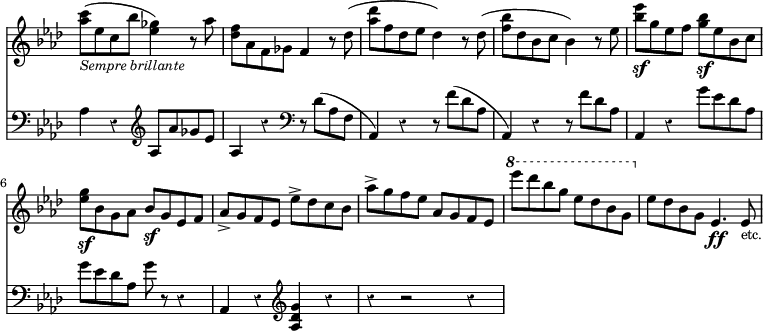 { \override Score.Rest #'style = #'classical \override Score.TimeSignature #'stencil = ##f \time 4/4 \key aes \major << \relative a'' { <aes c>8(_\markup { \smaller \italic "Sempre brillante" } ees c bes' <ges ees>4) r8 aes | <f des> aes, f ges f4 r8 des'( | <aes' des> f des ees des4) r8 des( | <f bes> des bes c bes4) r8 ees | <bes' ees>\sf g ees f <g bes>\sf ees bes c | <ees g>\sf bes g aes bes\sf g ees f | aes-> g f ees ees'-> des c bes | aes'-> g f ees aes, g f ees | \ottava #1 ees''' des bes g ees des bes g | \ottava #0 ees des bes g ees4.\ff ees8_\markup { \smaller etc. } | }
\new Staff { \clef bass \key aes \major \relative a { aes4 r \clef treble aes8 aes' ges ees | aes,4 r \clef bass r8 des( aes f | aes,4) r r8 f''( des aes | aes,4 ) r r8 f''( des aes | aes,4 r g''8 ees des aes | g' ees des aes g' r r4 | aes,,4 r \clef treble <aes' des g> r | r r2 r4 | } } >> }