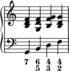 
    { \override Score.TimeSignature #'stencil = ##f \new PianoStaff << \new Staff << \relative c' { \clef treble \time 4/4 <bd f>4 <gd' f> <bf' g > <bd g> } >> \new Staff << \relative c { \clef bass \time 4/4 g4 bdf } \figures { <7>4 <6 5> <4 3> <4 2> } >> >> }
