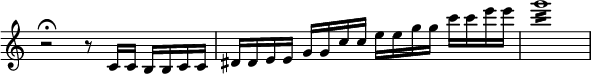 { \time 4/4 \override Score.TimeSignature #'stencil = ##f \relative c' { r2\fermata r8 c16 c b b c c |
  dis dis e e g g c c e e g g c c e e | g1:16 } }