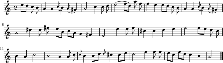 
\relative c'' {
  \key a \minor
  \override Staff.TimeSignature #'style = #'single-digit
  \time 2/2
  \partial 2
  \autoBeamOff
  e8[ d] c b
  a4 a \appoggiatura c8 b4 \appoggiatura a8 gis4
  a2 c4 c8 d
  e2( f8[ d]) a' f
  f4 e e8[ d] c b

  a4 a \appoggiatura c8 b4 \appoggiatura a8 gis4
  a2 dis4 dis8 fis
  e[ b] c[ a] g4 fis
  e2 e'4 e8 f
  cis4 cis d e
  f2 f8[ e] d c

  b4 a c2
  b a4 a8 c
  \grace c b4 b8[ d] \grace d cis4 cis8[ e]
  d2 f4 f8 f
  e[ c] f[ d] c4 b
  a2
  \bar "|."
}
