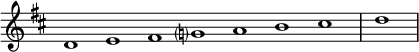 
\relative c' {  
   \new Staff \with { \remove "Time_signature_engraver" }  
   { \key d \major  \time 1/1 \cadenzaOn d1 e fis g? a b cis  \bar "|" d \bar"|"}
   }
