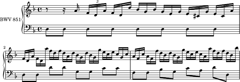 
\version "2.18.2"
\header {
  tagline = ##f
}

upper = \relative c'' {
    \clef treble 
    \key d \minor
    \time 4/4
    \tempo 4 = 56
    \set Staff.midiInstrument = #"harpsichord"

   %% PRÉLUDE CBT I-6, BWV 851, ré mineur
   r8 r16 a16 \tuplet 3/2 { f16[ d a'] } \omit TupletNumber \tuplet 3/2 { f16 d d' } \tuplet 3/2 { bes16[ g bes] } \tuplet 3/2 { g e g } \tuplet 3/2 { e[ cis g'] } \tuplet 3/2 { e cis a' } 
   \omit TupletNumber \tuplet 3/2 { f16 d a' } \tuplet 3/2 { f16[ d a''] } \tuplet 3/2 { f d f } \tuplet 3/2 { d[ a d] } \tuplet 3/2 { bes g d' } \tuplet 3/2 { bes[ g g'] } \tuplet 3/2 { e c e } \tuplet 3/2 { c[ g c] } 
   \omit TupletNumber \tuplet 3/2 { a16 f c' } \tuplet 3/2 { a16[ f f'] } \tuplet 3/2 { d bes d } \tuplet 3/2 { bes[ g g'] } \tuplet 3/2 { e c e } \tuplet 3/2 { c[ a a'] } \tuplet 3/2 { f d f } \tuplet 3/2 { d[ bes bes'] }
   
}

lower = \relative c {
    \clef bass 
    \key d \minor
    \time 4/4
    \set Staff.midiInstrument = #"harpsichord" 

    \repeat unfold 5 { d8[ d] } d'8 d g,[ g] c c f,[ f] bes g c[ a] d d,
} 

\score {
  \new PianoStaff <<
    \set PianoStaff.instrumentName = #"BWV 851"
    \new Staff = "upper" \upper
    \new Staff = "lower" \lower
  >>
  \layout {
    \context {
      \Score
      \remove "Metronome_mark_engraver"
      %\override SpacingSpanner.common-shortest-duration = #(ly:make-moment 1/3) 
    }
  }
  \midi { }
}
