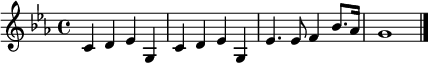 
  \relative c' {
  \key c \minor
  \time 4/4
    c d es g,         % parentheses create slurs
    c d es g,    
    es'4. es8 f4 bes8. as16
    g1
    \bar "|."
  }
