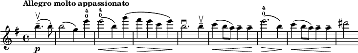 
\new Staff \with {midiInstrument = #"violin"} {
  \relative c''{
  \key e \minor
  \time 4/4
  \partial 2
  \tempo "Allegro molto appassionato"
  b'4.--\upbow( \p b8-.)
  b2( g4) e'-0-4
  e2\<(-0-4 b4) g'\!(
  fis\> e c e\!)
  b2.\downbow b4--\upbow
  c\<( b8 a) a4-- a--\!
  e'2.\>(-0-4 b4\!)
  c\<( b8 a) a4-- a--\!
  dis2
  }
}
  \midi {
    \context {
      \Score
      tempoWholesPerMinute = #(ly:make-moment 160 4)
    }
  }
