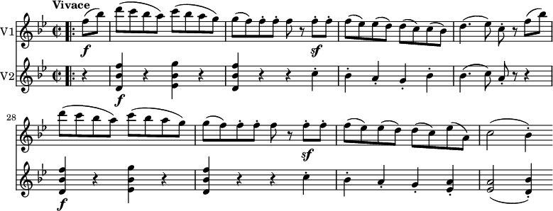 \ version "2.18.2" << \ new Staff \ with {instrumentName = # "V1"} \ relative c'{\ key bes \ major \ time 2/2 \ " Vivace " time \ time 4 = 200 \ set Score .currentBarNumber = # 24 \ bar ". |:" \ Partial 4 f8 \ f (bes) d (c bes a) c (bes ag) g (f) f-. F-. f r f -. \ sf f-. f (ees) ees (d) d (c) c (bes) d4. (ees8) c-. r f (bes) d (c bes a) c (bes a g) g (f) f-. F-. f r f -. \ sf f-. f (ees) ees (d) d (c) ees (a,) c2 (bes4-.)} \ new Staff \ with {instrumentName = # "V2"} \ relative c '{\ key bes \ major \ time 2 / 2 \ bar ". |:" \ Partial 4 r4 <d bes 'f'> 4 \ fr <ees bes 'g'> r <d bes 'f'> rr c'-. bes-. à-. g-. bes-. bes4. (c8) a-. r r4 <d, bes 'f'> 4 \ f r <ees bes 'g'> r <d bes 'f'> r r c'-. bes-. à-. g-. <ees a> -. <ees a> 2 (<d bes'> 4-.)} >>