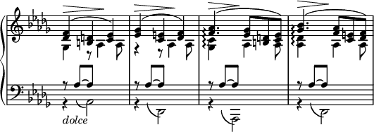 
 \relative c' {
  \new PianoStaff <<
   \set PianoStaff.connectArpeggios = ##t
   \new Staff \with { \remove "Time_signature_engraver" } { \key des \major \time 3/4
    <<
     {
      <f des>4( <d b> <es c>) <ges es>( <e c> <f des>)
      <aes f>4.\arpeggio ( <ges es>8 <d b> <es c>) <bes' ges>4.\arpeggio ( <aes f>8 <e c> <f des>)
     }
    \\
     {
      ges,4^\> r8 aes4\! aes8 r4^\> r8 aes4\! aes8
      <c ges>4\arpeggio ^\> s8\! aes4 aes8 <des aes>4\arpeggio ^\> s8\! aes4 aes8
     }
    >>
   }
   \new Staff \with { \remove "Time_signature_engraver" } { \key des \major \time 3/4 \clef bass
    <<
     { r8_\markup \italic dolce aes~ aes s4. r8 aes~ aes s4. r8 aes~ aes s4. r8 aes~ aes s4. }
    \\
     { r4 aes,2 r4 des,2 r4 aes2 r4 des2 }
    \\
     { % this hidden voice is set to show slurs between different voices
      \hideNotes \override NoteColumn #'force-hshift = #0.1
      s8 aes''_\( \stemDown aes,2\) s8 \stemUp aes'_\( des,,2\) s8 aes''_\( aes,,2\) s8 aes''_\( des,,2\)
     }
    >>
   }
  >>
 }
