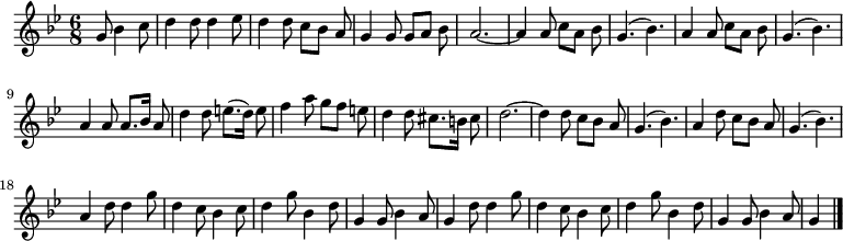 
\relative c'' {
  \key g \minor
  \time 6/8
  \partial 2
  \set Timing.beatStructure = #'(2 1 2 1) %réglage ligatures
  g8 bes4 c8
  d4 d8 d4 es8
  d4 d8 c bes a
  g4 g8 g a bes
  a2.~
  a4 a8 c a bes
  g4.( bes)

  a4 a8 c a bes
  g4.( bes)
  a4 a8 a8. bes16 a8
  d4 d8 e8.( d16) e8
  f4 a8 g f e
  d4 d8 cis8. b16 cis8
  d2.~

  d4 d8 c bes a
  g4.( bes)
  a4 d8 c bes a
  g4.( bes)
  a4 d8 d4 g8
  d4 c8 bes4 c8
  d4 g8 bes,4 d8
  g,4 g8 bes4 a8

  g4 d'8 d4 g8
  d4 c8 bes4 c8
  d4 g8 bes,4 d8
  g,4 g8 bes4 a8
  g4
  \bar "|."
}
