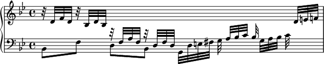 
{ 
  \new PianoStaff
  <<
    \new Staff = "treble" \relative d' {
      \key bes \major \stemUp
      r32 d[ f d] r32 bes[ d bes] 
      \change Staff = "bass"
      r32 f[ a f] r32 d[ f d]
      s8 s32 a'[ bes c] bes
      \change Staff = "treble"
      s8 d32 e f!
    }
    \new Staff = "bass" \relative b, {
      \clef bass \key bes \major \stemDown
      bes8[ f'] d[ bes] g32[ d' e fis] g
      s8 g32[ a bes] c
    }
  >>
}
