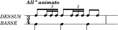 
\language "italiano"
\score {
  \new Staff \with {
  instrumentName = \markup { \column \italic { \line { "DESSUS  " } \line { "BASSE   " }}}
}
\relative do'' {
  \time 3/4
  \tempo \markup { \italic { All \super o animato }}
  \override Staff.StaffSymbol.line-positions =   #'(-4 4) % valeurs normales = (-4 -2 0 2 4)
  \override TupletBracket.bracket-visibility = ##f
     << { \voiceOne
        fa8[ \tuplet 3/2 { fa16 fa fa }] fa8[ \tuplet 3/2 { fa16 fa fa }] fa8[ fa] | \hideNotes fa8
      } 
     \new Voice { \voiceTwo 
        mi,4 mi mi |
     }
   >>
}
  \layout {
    \context { \Staff \RemoveEmptyStaves \remove Clef_engraver }
    line-width = #120
    \override Score.BarNumber #'stencil = ##f
  }
  \midi { }
}
\header { tagline = ##f}
