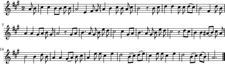 
\relative c'' {
  \key a \major
  \override Staff.TimeSignature #'style = #'single-digit
  \time 2/2
  \partial 4
  \autoBeamOff
  \override Rest #'style = #'classical
  a8 b
  cis4 cis b8[ b] cis b
  a2 e4 fis8 gis
  a4 b cis8 b a cis
  b2 r4 b8 cis
  d4 d cis8 cis d[( cis])
  b2 fis4 d'8 b

  a4 a gis8[ a] b gis
  a2 r4 gis8[ a]
  b4. a8 gis b e d
  cis2 cis4 gis8[ a]
  b4. a8 gis b e d
  cis2 r4 d8[ cis]
  b4 b ais8[( b]) cis ais

  % tourne

  b2 b4 d8 b
  a4 a gis8[( a]) b cis
  a4 e'8 e cis4 e
  d2 b8[( cis]) d[( e])
  cis4 e8 e cis4 e
  d2 b8[( cis]) d[( b])
  a2.
  \bar "|."
}
