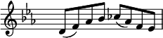 
\relative c' {
     \override Staff.TimeSignature #'transparent = ##t
     \override Staff.Rest.style = #'classical
     \time 4/4 
     \clef treble
     \key ees \major
       d8( f) aes bes ces( aes) f ees | 
}
