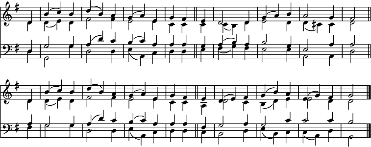 
<< <<
\new Staff { \clef treble \time 3/4 \partial 4 \key g \major \set Staff.midiInstrument = "church organ" \omit Staff.TimeSignature \set Score.tempoHideNote = ##t \override Score.BarNumber #'transparent = ##t
 \relative c'
 << { d4 | b'( c) b | d( b) a | g( a) e | g fis \bar"||"
 e | d2 d4 | g( a) b | a2 g4 | fis2 \bar"||" \break
 d4 | b'( c) b | d( b) a | g( a) e | g fis \bar"||"
 e | d( e) fis | g( b) a | e( g) fis | g2 \bar"|." } \\
 { d4 | d( e) d | fis2 fis4 | e2 e4 | c c
 c | c( b) d | e2 d4 | d( cis) cis | d2
 d4 | d( e) d | fis2 fis4 | e2 e4 | c c
 a | d2 c4 | b( d) e | e2 d4 | d2 } >>
}
\new Staff { \clef bass \key g \major \set Staff.midiInstrument = "church organ" \omit Staff.TimeSignature
 \relative c
 << { d4 | g2 g4 | a( d) c | b( c) a | a a
 g | a( b) a| b2 g4 | e2 a4 | a2
 a4 | g2 g4 | a( d) c | b( c) a | a a
 fis | g2 a4 | g2 c4 | c2 c4 | b2 } \\
 { d,4 | g,2 g'4 | d2 d4 | e( a,) c | d d
 e | fis( g) fis | e2 e4 | a,2 a4 | d2
 fis4 | g2 g4 | d2 d4 | e( a,) c | d d
 c | b2 d4 | e( b) c | c( a) d | g,2 } >>
}
>> >>
\layout { indent = #0 }
\midi { \tempo 4 = 100 }
