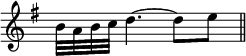 
\relative c'' {
  \override Staff.TimeSignature #'stencil = ##f
  \key g \major
  \time 3/4
  b32 a b c d4. ~ d8 e %une croche de trop dans cette mesure, je change les doubles en triples croches pour tomber sur une mesure à 3/4.
  \bar "||"
}
