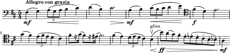 
    \relative c {
        \set Score.tempoHideNote = ##t \tempo 4 = 144
        \set Staff.midiInstrument = #"cello"
        \clef bass
        \key d \major
        \time 5/4
        fis4\mf(^\markup { \bold { Allegro con grazia } }
        g) \tuplet 3/2 { a8(\< g a } b4 cis)\!
        d( b) cis2.\>
        a4(\mf b) \tuplet 3/2 { cis8(\< b cis } d4 e)\!
        \clef tenor
        fis(\f d) e2. \break
        g4( fis) \tuplet 3/2 { e8( fis e } d4 cis)
        fis8-. ※ fis8) ※ fis2.)
        fis4( e) \tuplet 3/2 { d8( e d } cis4) b\upbow(\<^\markup { \italic gliss. }
        b'8)\ff\> ※ e-. ※
        a4\mf
}
