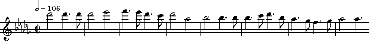 
\relative c''' {
 \set Staff.midiInstrument = #"flute"
 \tempo 2 = 106
 \key des \major
 \time 2/2
 des2 des4. des8 des2 es f4. es8 des4. c8 des2 as bes bes4. bes8 bes4. c8 des4. bes8 as4. ges8 f4. ges8 as2 as4.
}
